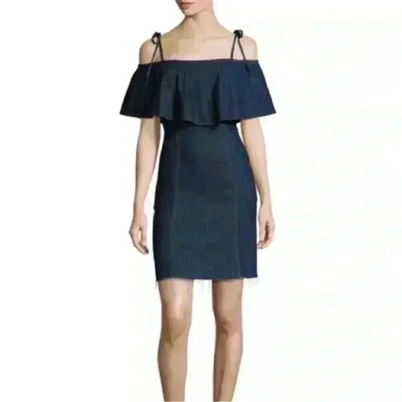 7 for a mankind Off Shoulder Denim Mini Dress - Picture 1 of 5